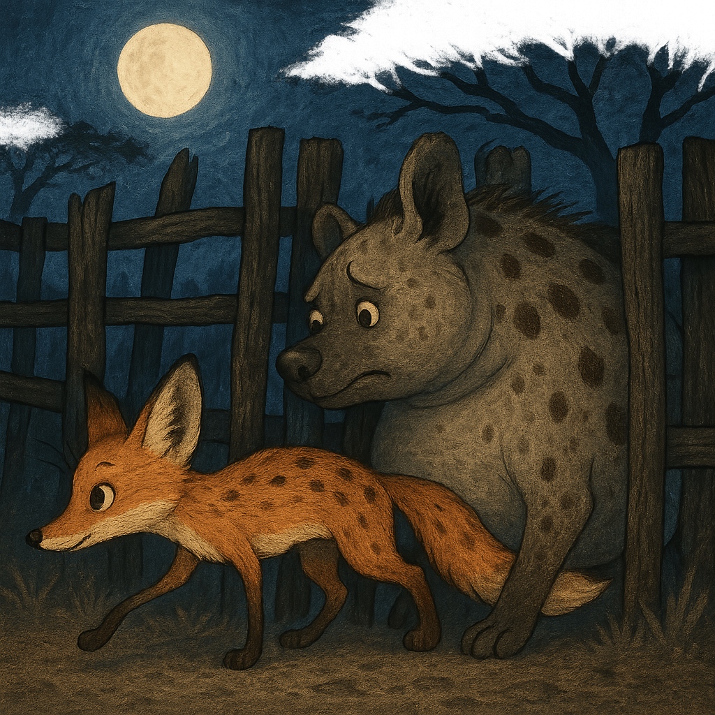 Толстая гиена застряла в щели ограды, а лиса уже на свободе под луной