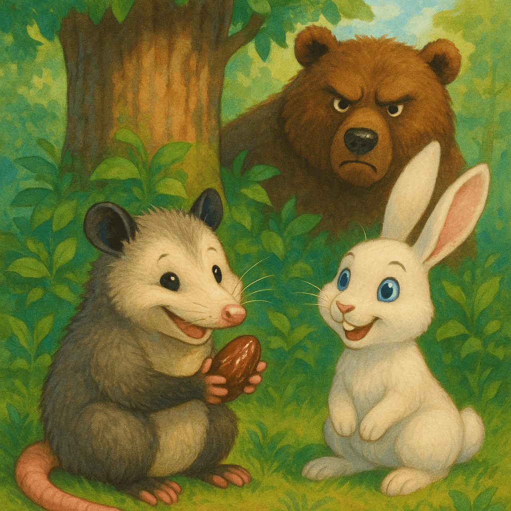 Братец Опоссум с голым хвостом ест финик в саду, рядом братец Кролик, а братец Медведь выглядывает из-за дерева