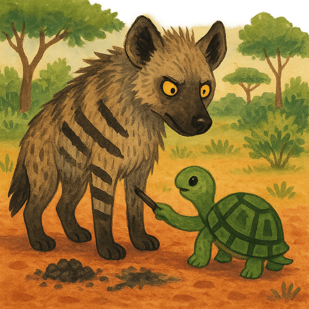 Черепаха рисует полосы на шкуре гиены, которая смотрит недовольно.