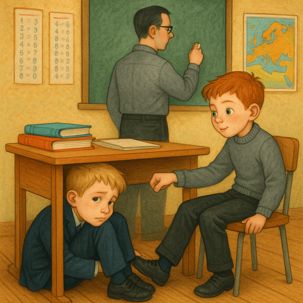 Мальчик под партой, Серёжка толкает его ногой, учитель у доски.