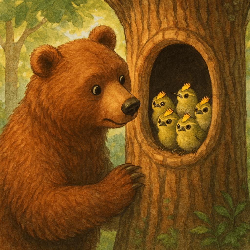 Медведь заглядывает в дупло к птенцам-королькам