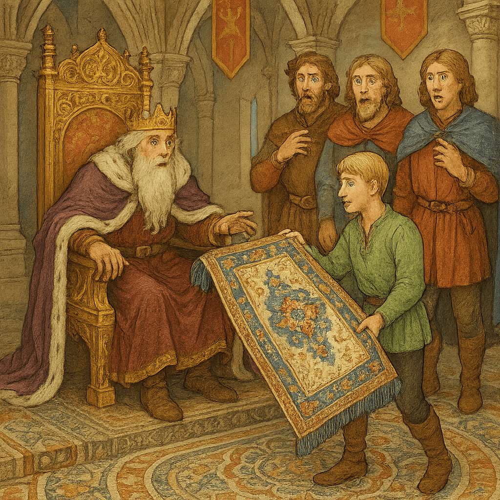 Младший брат возвращает ковёр королю, а все удивляются его красоте.