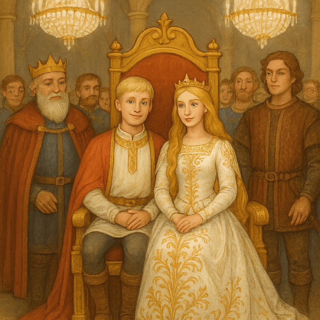 Младший брат и его прекрасная жена на троне; в зале все радуются их счастью и мудрому правлению.