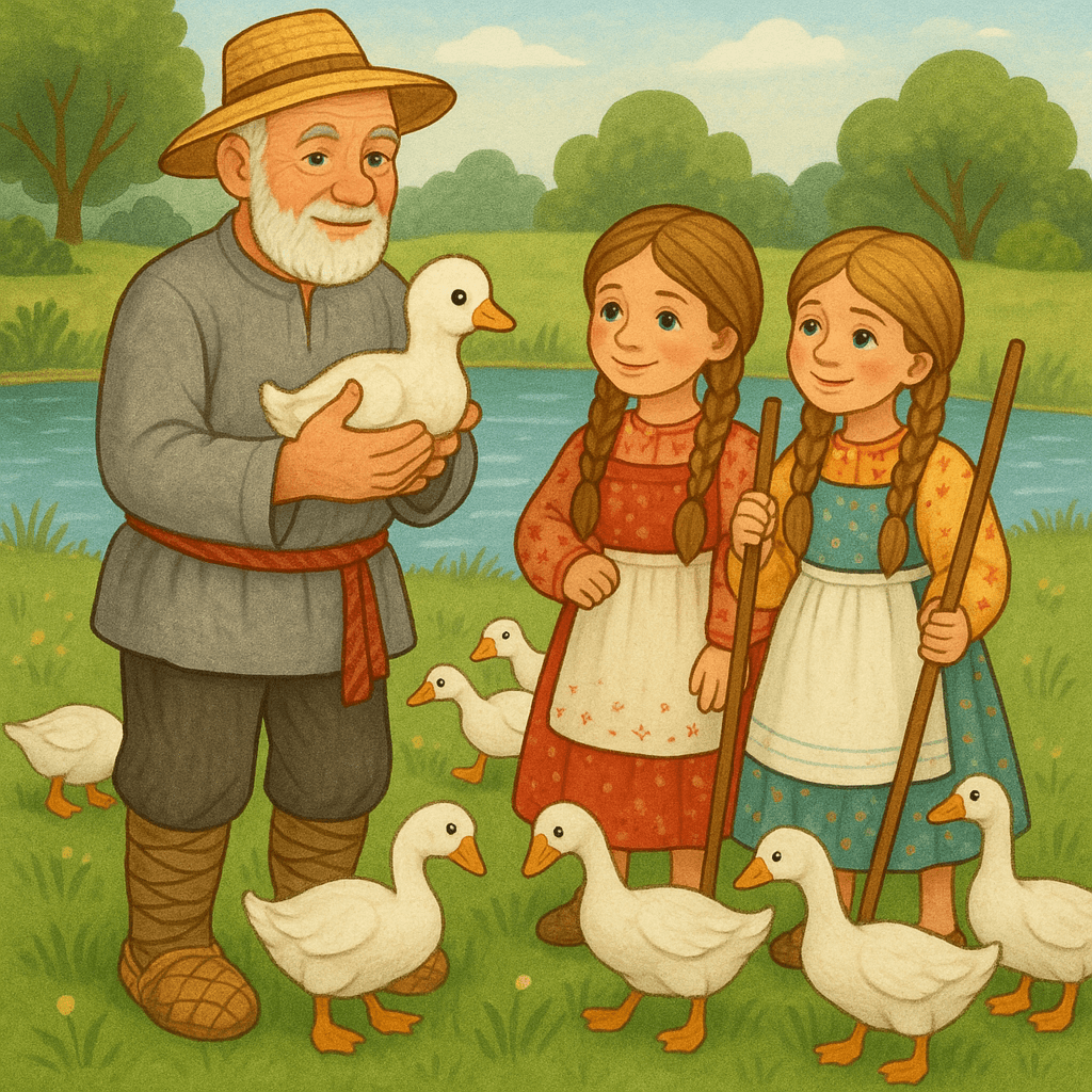 Мужик держит белого гусёнка рядом с девочками-пастушками у пруда