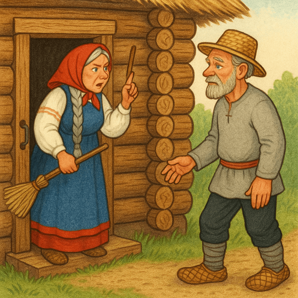 Мужик возвращается домой его встречает старуха с помелом у избы