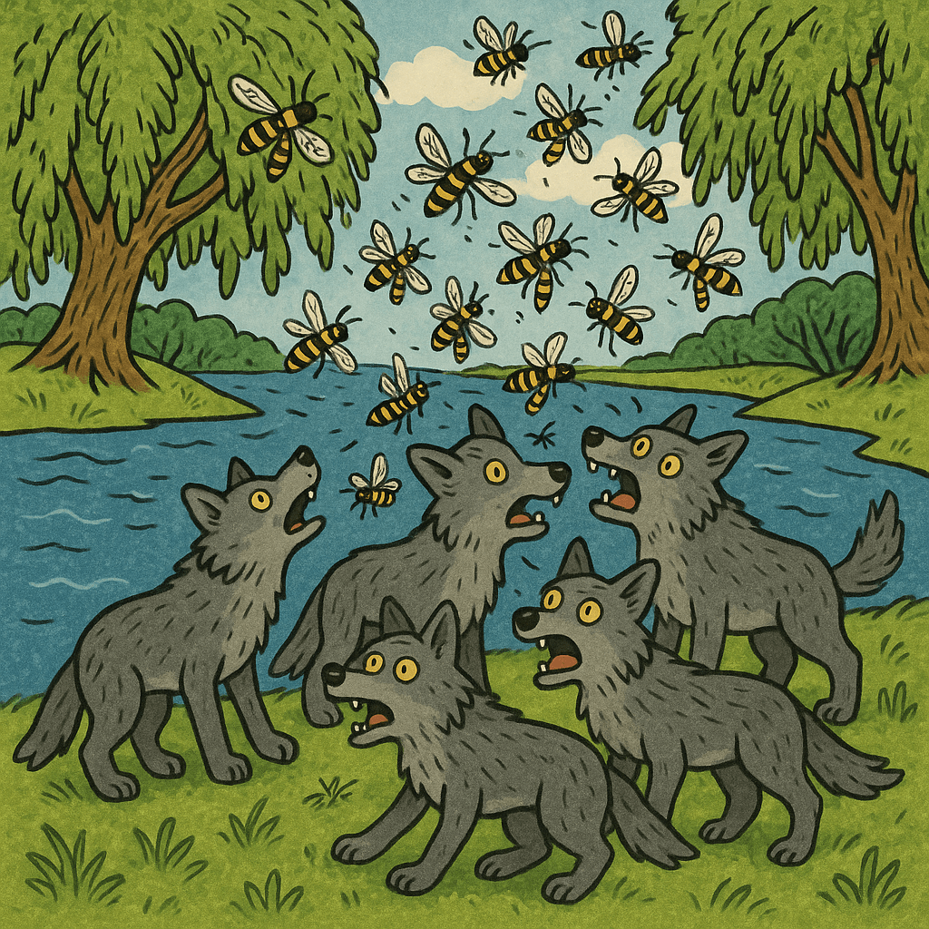 Волки у реки, осы жалят их