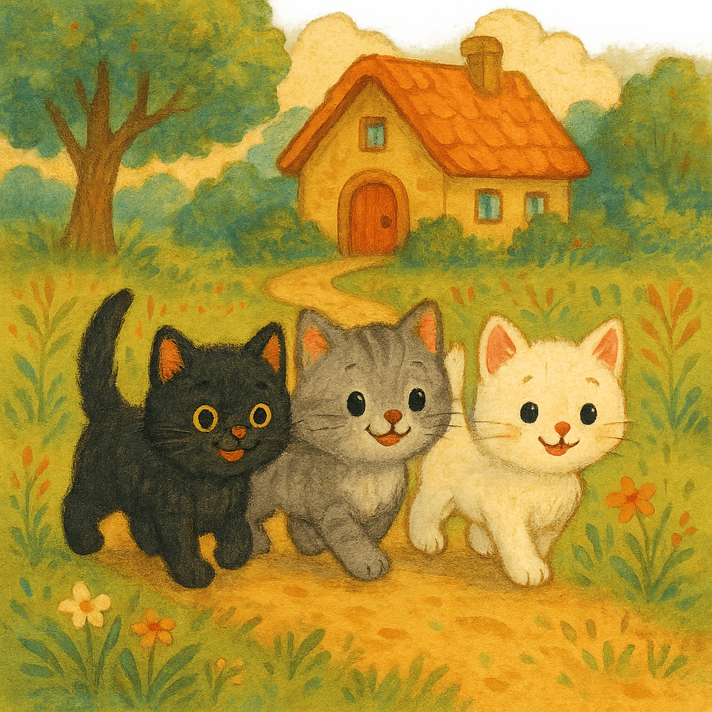Три котёнка — чёрный, серый и белый, возвращаются домой