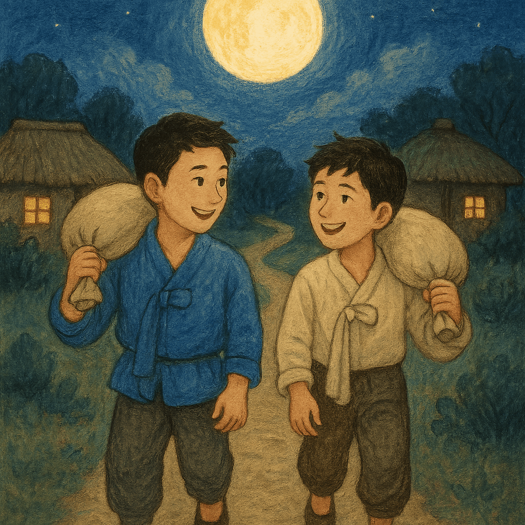 Братья с мешками риса встречаются на пути ночью при луне.
