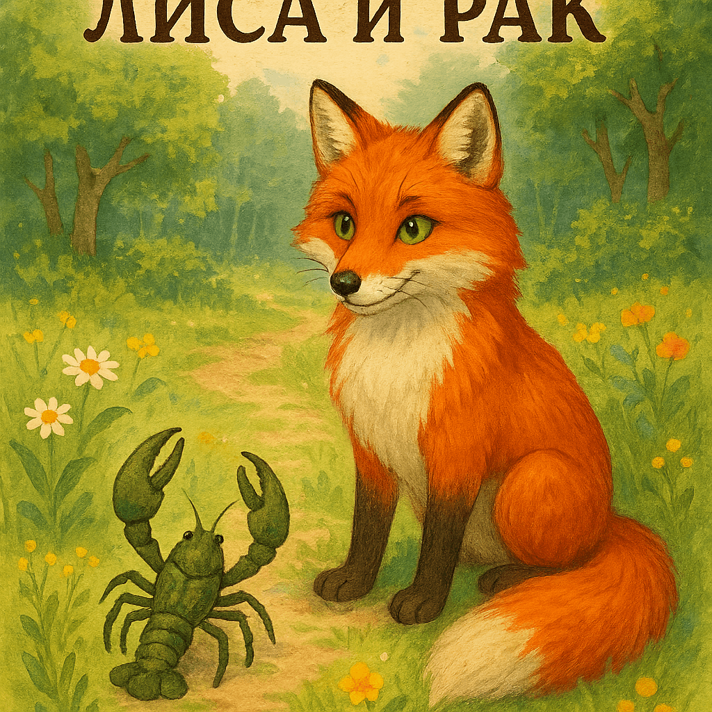 Обложка для сказки: Лиса (взрослая рыжая лисица с белым пушистым хвостом и умными зелёными глазами) и рак (маленький зелено-коричневый с большими клешнями) стоят вместе на лесной тропинке среди яркой летней травы и цветов. Атмосфера добрая и волшебная. Стиль — иллюстрация к детской народной сказке.