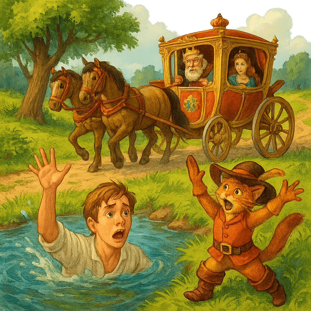 Кот зовёт на помощь, маркиз 'тонет', королевская карета у берега