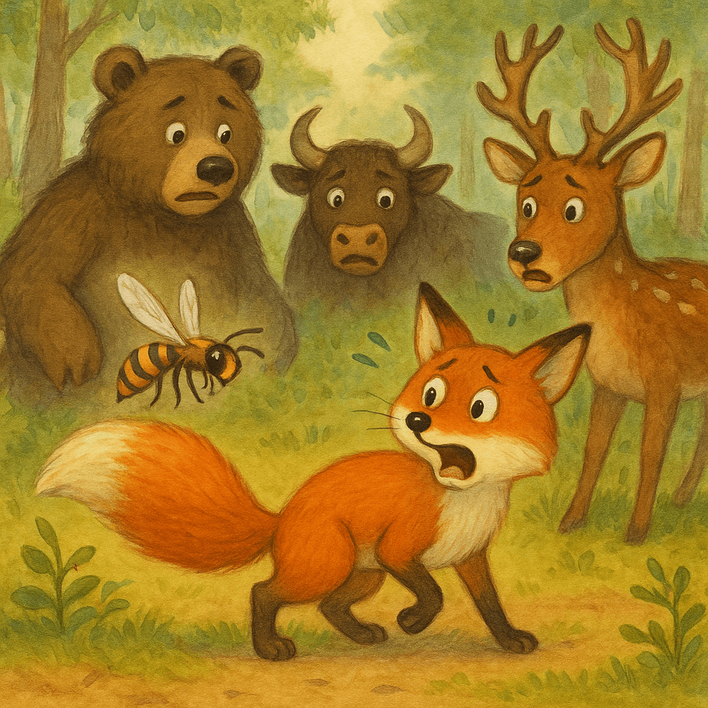 Шершень жалит лиса в хвост, и весь звериный отряд перепуган