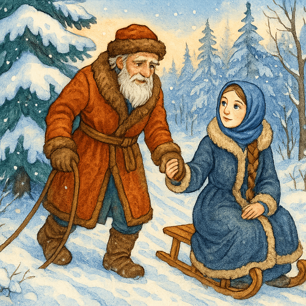 Старик везёт Машеньку на санях к заснеженной сосне.